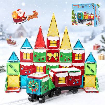 Christmas Themed Magnetic Building Blocks, Christmas Car Assembly, Creative DIY Family Game Gift, Develop Children's Building Ability, Christmas, Halloween, Birthday And Other Gifts