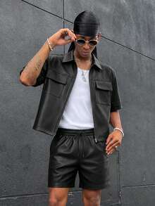 HOMIIE Men's 2 Pieces Set, Black PU Leather Short Sleeve Zipper Short Jacket & Elastic Waist Drawstring Shorts, Flap Pocket Streetwear Back To School Outfit - Black - View 4