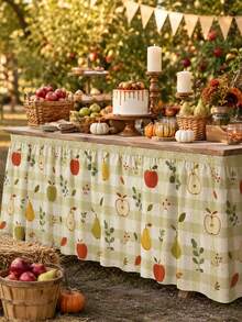 1pc Minimalist Green Plaid Autumn Party Tablecloth With Harvest Fruit Pattern, Suitable For Birthday Party And Autumn Party Events, Holiday Decoration Tablecloth - Multicolor - View 8