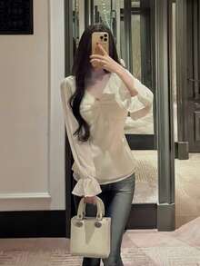 優雅法式風格V領修身女款上衣 - 杏色 - 查看 5