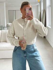 Minimalist Women's Ribbed Knit Cropped Wool Cardigan, Long Sleeve Round Neck Button Front Knit Sweater, Perfect Choice For Autumn Outfit Fall - Off White - View 10