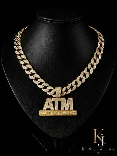 Hip-Hop Style ATM Letter Full Rhinestone Pendant Cuban Chain, Personalized ADDICTED-TO-MONEY Rhinestone Necklace, European And American Accessory, Music Festival Outfit Accessory, Unisex Streetwear Versatile Neck Chain, Gold And Silver Dual Color Options