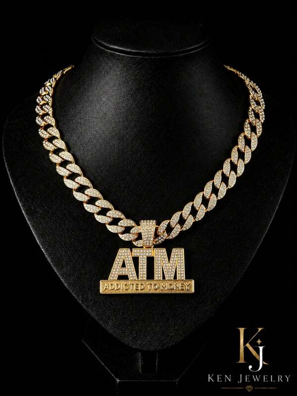 Hip-Hop Style ATM Letter Full Rhinestone Pendant Cuban Chain, Personalized ADDICTED-TO-MONEY Rhinestone Necklace, European And American Accessory, Music Festival Outfit Accessory, Unisex Streetwear Versatile Neck Chain, Gold And Silver Dual Color Options