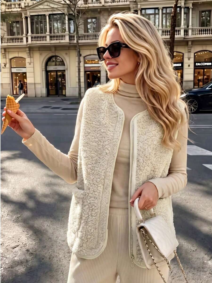Chaleco de piel sintética de otoño/invierno, chaqueta sin mangas ligera y de corte slim retro para mujer, unicolor - Albaricoque - Ver 1