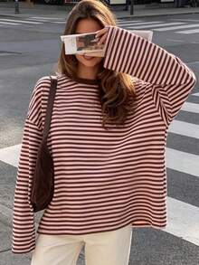 女款條紋落肩長袖針織圓領上衣，休閒寬鬆版型，適合秋冬穿著 - 乾枯玫瑰色 - 查看 3