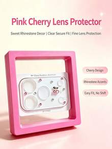 Cute 3D Cherry Shiny Lens Protector Film, Compatible With IPhone 17 Pro 17 Pro Max 18 Pro 18 Pro Max, 9H Tempered Glass, With Hot Pink Gift Box, 1 Set, Rhinestone Decor - Pink - View 1