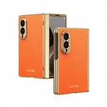 VIETAO 電鍍材質人造皮革全包覆保護手機殼，適用於 Galaxy Z Fold 7 6 5 4 8 Ultra Fold7 Fold6 Fold5 Fold4，附鋼化玻璃螢幕保護貼 - 橘色 - 查看 11