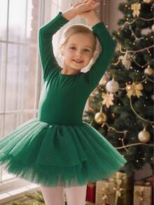 Girls' Solid Color Round Neck Long Sleeve Tulle Ballet Dress, Children Swan Ballet Dance Costume - Green - View 6