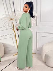 AIJ Women Fall Green French Style V‑Neck Long Puff Sleeve Wide Leg Jumpsuit High Waist Pockets Elegant Formal Office Party Evening Fall Fashion Outfit - Bean Green - View 5