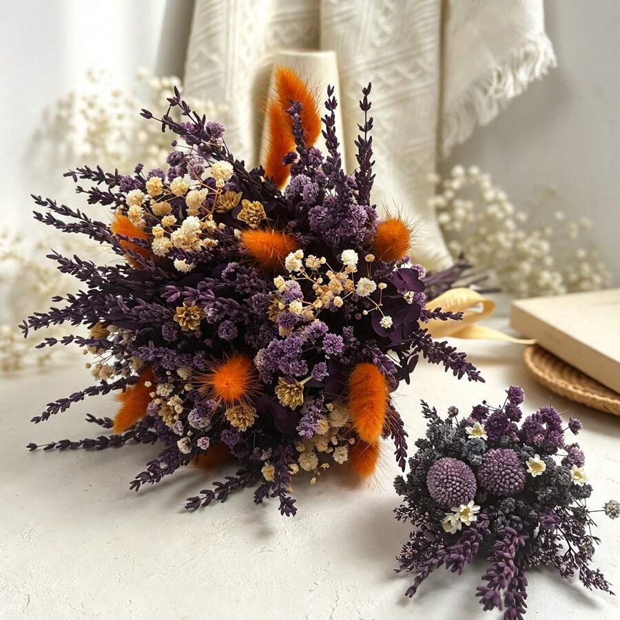 1 Set Purple Artificial Bouquet And Corsage Set, Suitable For Home Decor And Wedding Scene Arrangement; Also An Excellent Gift For Halloween And Christmas, Can Be Used For Gift Box Decoration And As Atmosphere Photo Props - Lavender Purple + Warm Sun Orange - View 1