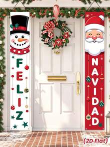 Feliz Navidad聖誕吊掛橫幅門廊裝飾牌與聖誕樹雪花圖案背景布,適用居家庭院室內外牆面門口派對裝飾 - 聖誕節C - 查看 8