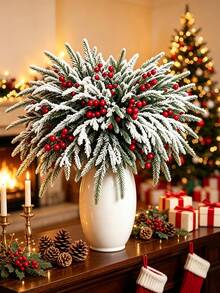 2/10pcs Artificial Norfolk Pine Branch With Red Berries, 13.97 Inch Cedar Branch, 13 Forks, Durable Plastic, Suitable For Wreaths, Garlands, Vase Fillers, Christmas Tree Decorations, Holiday Decor And Home Decor - Multicolor - View 2