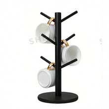 1pc Mug Holder, Mug Hanging Rack, Coffee Cup Rack With 6 Hooks, Wooden Coffee Cup Rack, Suitable For Bar, Coffee Bar Accessories And Decoration, Coffee Storage Station Essential, Home Bathroom Decor, Autumn Decor, Back To School Decor - Black - View 2