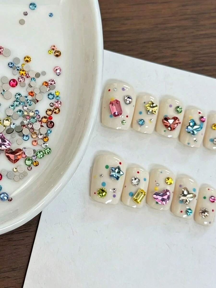 Approx. 8pcs Random Assorted Flat Back Rhinestones, Featuring Heart, Square, Star, Round Shapes, Vibrant Colors, Clear Faceted Sparkling, Various Sizes, Can Be Freely Matched To Create Diverse Exquisite Decorative Effects - Multicolor - View 1