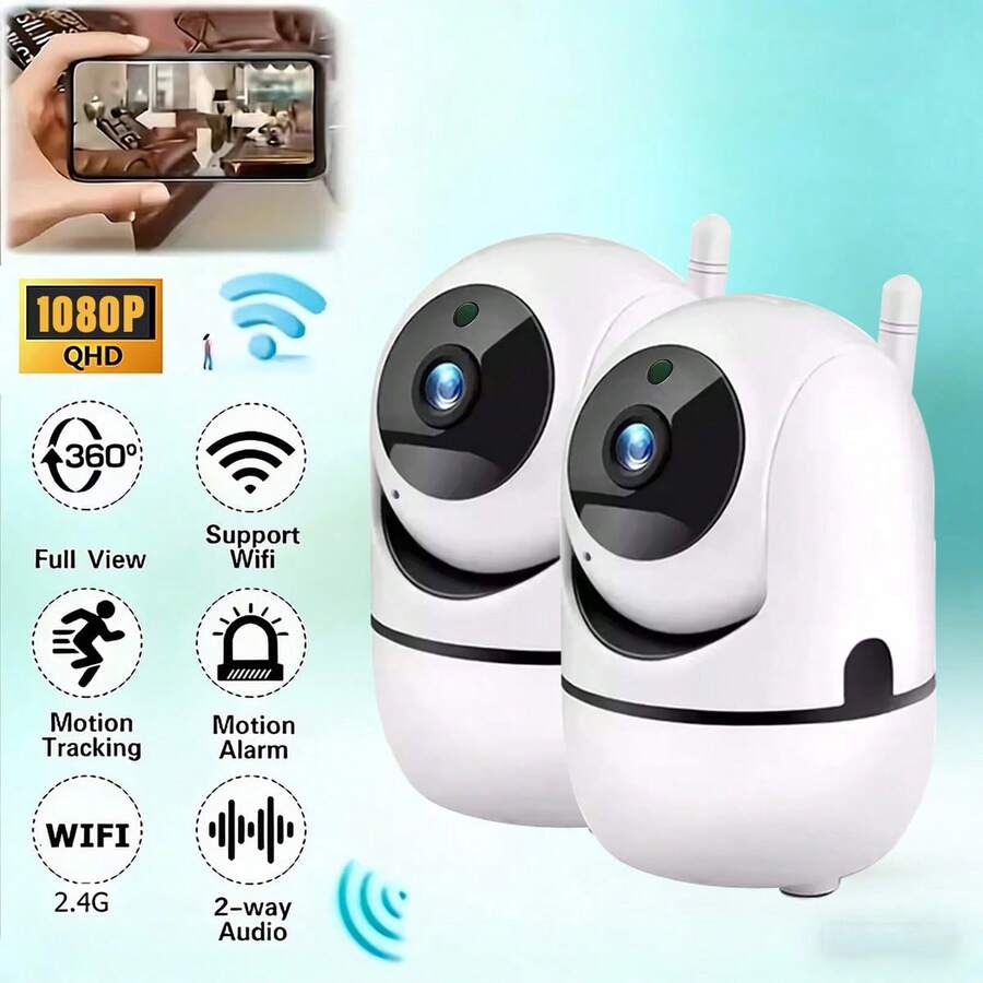 2入組 1080P 智慧監控攝影機，2.4G WiFi 無線網路攝影機，智慧家居 PTZ 縮放，隱藏式紅外線夜視，雙向對講，動態追蹤，室內寵物監控，嬰兒監控，緊湊設計，結構可靠，適合家長與寵物飼主