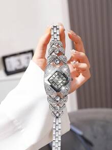 SOKI Women's Luxury Full Rhinestone Square Watch, Silver Roman Numeral Dial, Multi-Layer Crystal Rhinestone Chain Strap, Sparkling Elegant Quartz Wristwatch, Party Wedding Date Accessory, Perfect Gift Choice - Silver - View 6