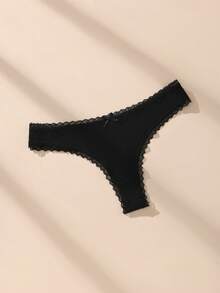 5pcs Black Plus Size Lace Patchwork Bow Sexy Ribbed Cotton Women's Thongs - Black - View 3