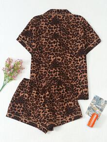 2pcs/Set Women Plus Size Comfortable Leopard Print Spring/Summer Short Sleeve Lapel Top And Bowknot Shorts Pajama Set - Brown - View 2