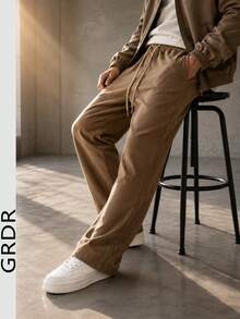 GRDR Men's Elastic Waist Drawstring Casual Pants, Suede Fleece, Loose Fit, Draped, Lazy Style, Wide Leg Long Pants, Autumn/Winter - Brown - View 4