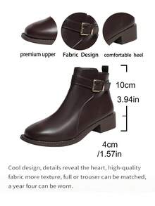 Women's Coffee Brown Metal Buckle Lace-Up Ankle Boots, Round Toe Low Square Heel Side Zipper Commuter Casual Short Boots - Coffee Brown - View 9