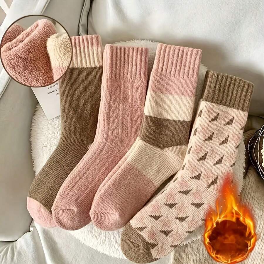 4 Pairs Thickened Warm Mid-Calf Towel Fabric Pink Cute Women's Socks - Autumn/Winter - Multicolor - View 1