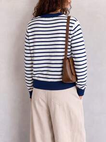 Women's Casual Minimalist Retro Striped Round Neck Cardigan Jacket, Autumn/Winter Fall - Blue and White - View 2
