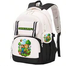 Miniso Koreanischer 2 Stücke Minecraft Schwarz-Weiß Farbblock großer Alltagsrucksack mit Steve Alex Bienenmuster und rundem Münzbeutel, perfekt für Anime-Liebhaber und Schule - Farbe 1 - Übersicht 4