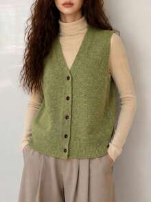 Women's Autumn Casual Minimalist Solid Color Versatile V-Neck Knit Cardigan Vest Fall - Olive Green - View 4