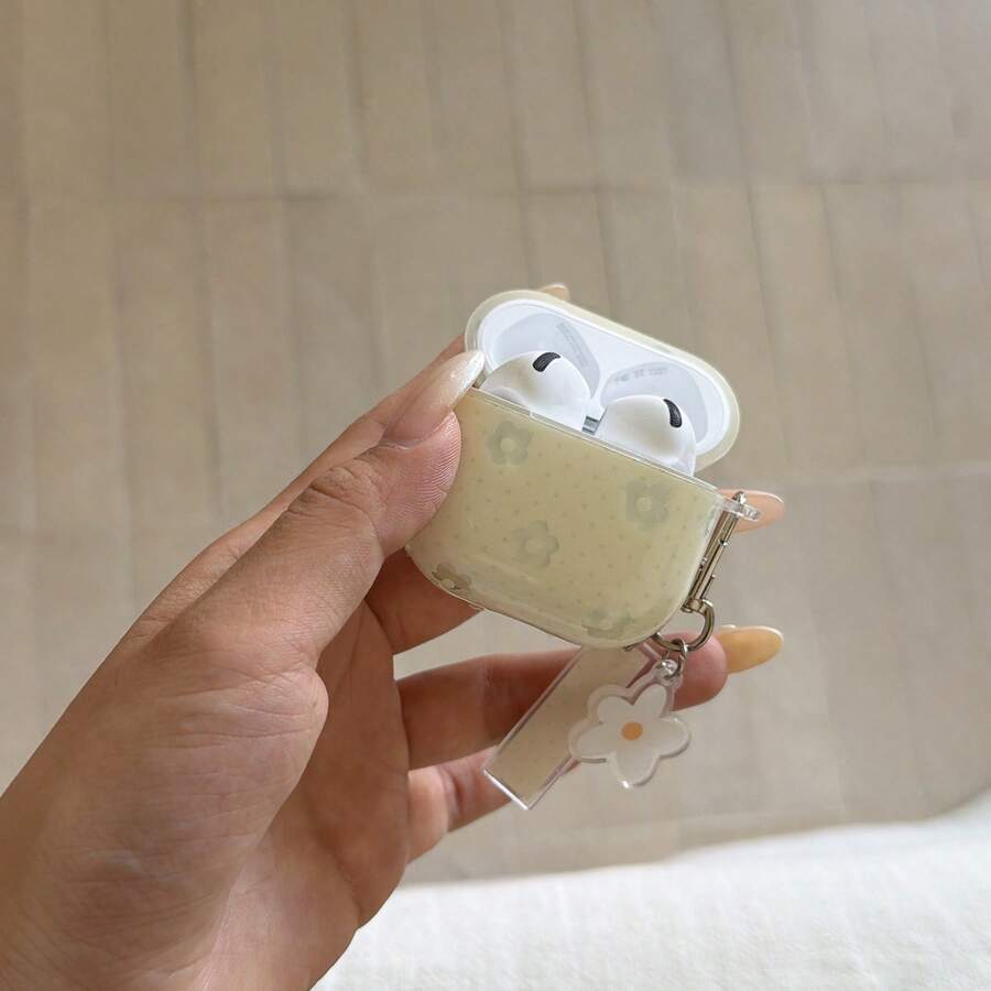 Fashion Creative Light Green Polka Dot Transparent White Flower + Pendant Earphone Case Suitable For AirPodspro3 New AirPodspro2 Protective Cover Pro Cute Apple AirPods4 Minimalist AirPods3 Personalized 1/2 Generation Women's Earphone Case Protective Cover Spring/Summer Earphone Case/Birthday Gift/Holiday Gift
