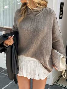 Women's Loose Knit Pullover Sweater, High Neck Long Lantern Sleeves, Suitable For Autumn/Winter Wear - Brown - View 4
