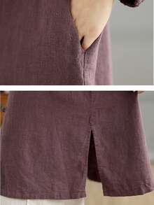 Women Vintage New Chinese Style Linen Long Tunic Coat, Stand Collar Frog Closure, Loose Fit Lantern Sleeve Solid Color Casual Open Front Jacket - Purple - View 7