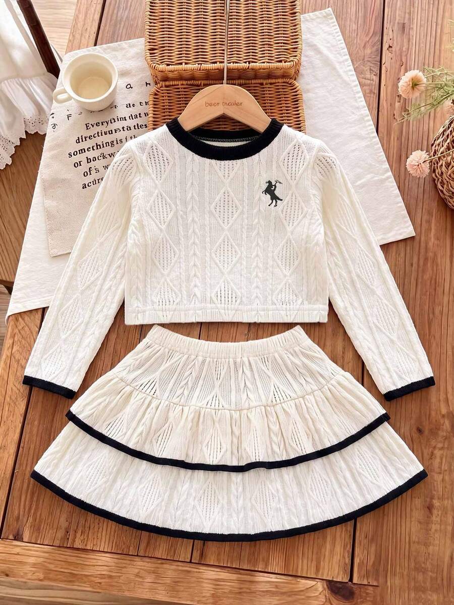 Girls' Fashion Embroidered Knit Top And Fashion Double Layer Patchwork Cake Skirt - Apricot - View 1