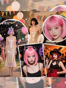 Short Straight Bob Synthetic Wigs Pink Hair Wig With Bangs For Women Cosplay Cute Wig Heat Resistant Fiber Halloween Wear - Multicolor - View 6