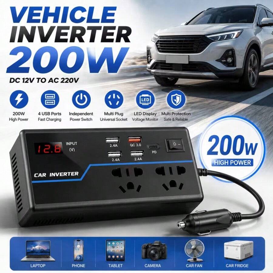 (200w / 100w) inversor de corriente automotriz, convertidor 12 - 24v, inversor universal multivehículo, toma de corriente con pantalla digital, con 4 puertos USB + 1 pd, 2 tomas de corriente universal, un cable de extensión circular, adecuado para automóviles y autocaravanas, etc.