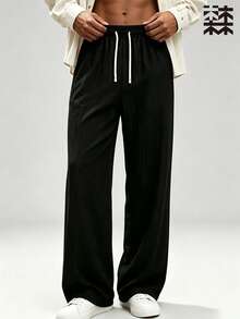 mulinsen Men's Black Linen Texture Loose Drawstring Pants, Lightweight Breathable Straight Leg Casual Long Pants, Street Style, Summer - Black - View 4