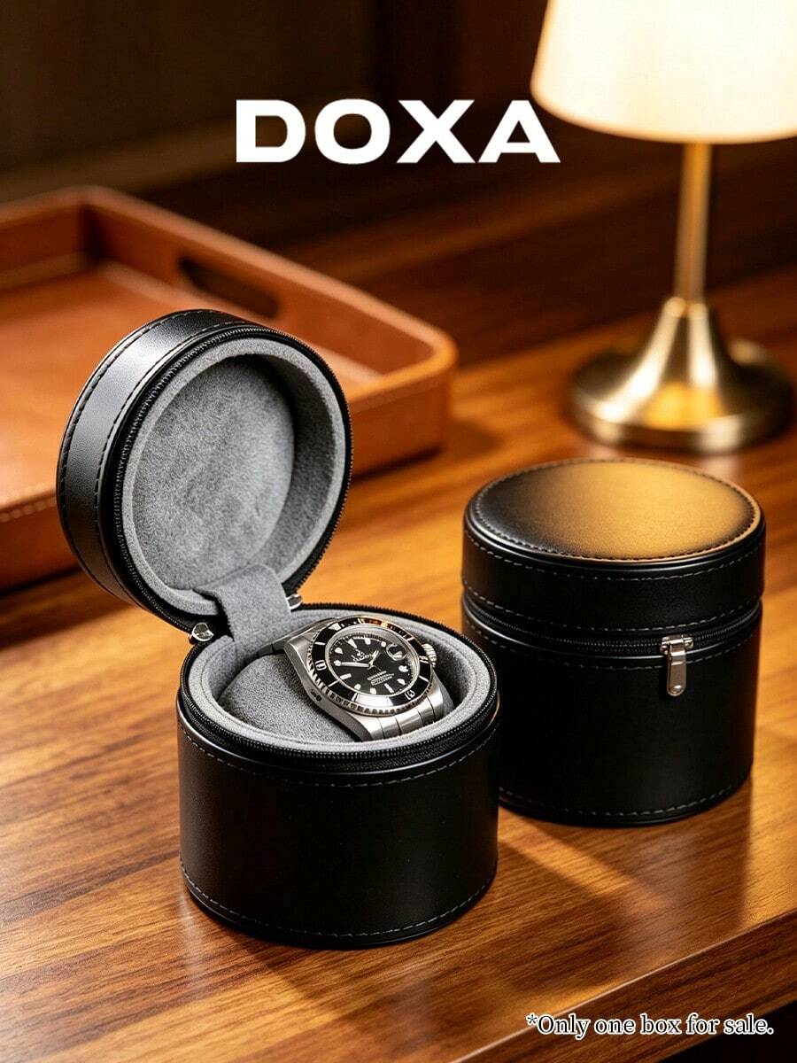DOXA 縫線圓筒手錶收納袋,附金屬拉鍊,迷你懷錶盒,適合戶外使用與節日包裝,不含手錶 - 黑色 - 查看 1