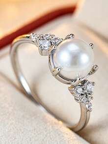 1pc Elegant Silver Tone Faux Pearl Ring, Sparkling Rhinestone Inlaid Crown Shape Promise Ring, Luxury Wedding Party Statement Jewelry For Women - Pearl Ring - View 9