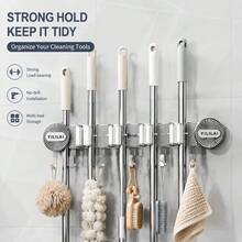 1件壁掛式拖把與掃帚收納架，透明白/透明灰吸盤式免鑽孔工具收納架，多格槽與掛鉤設計，堅固ABS金屬收納鉤，適用於浴室、廚房、洗衣房，省空間居家清潔工具收納架 - 查看 2