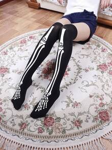 2 Pairs/1 Pair Halloween Cosplay Skeleton Print Over-The-Knee Socks, Creative Atmosphere Holiday Outfit Socks, Suitable For Parties, Performances, Parades, Dances - Multicolor - View 2