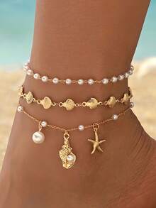 3pcs/Set Gelang Kaki Pantai Kasual Musim Panas dengan Liontin Cangkang Bintang Laut dan Mutiara Imitasi Seri Laut - Emas - View 5