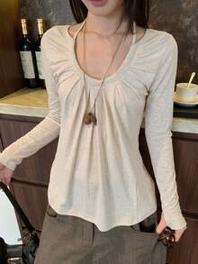 Women's Halter Neck Square Shoulder Long Sleeve T-Shirt Autumn Top - Apricot - View 3
