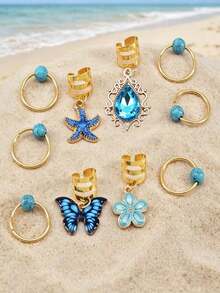 10/20pcs Ocean Theme Hair Ties, Bohemian Style Shell & Star Hair Accessories, Blue Crystal Bead Hair Rings For Braiding, Beach Vacation Mermaid Hair Accessories, Summer Hippie Style Girls Hair Accessories - Multicolor - View 7