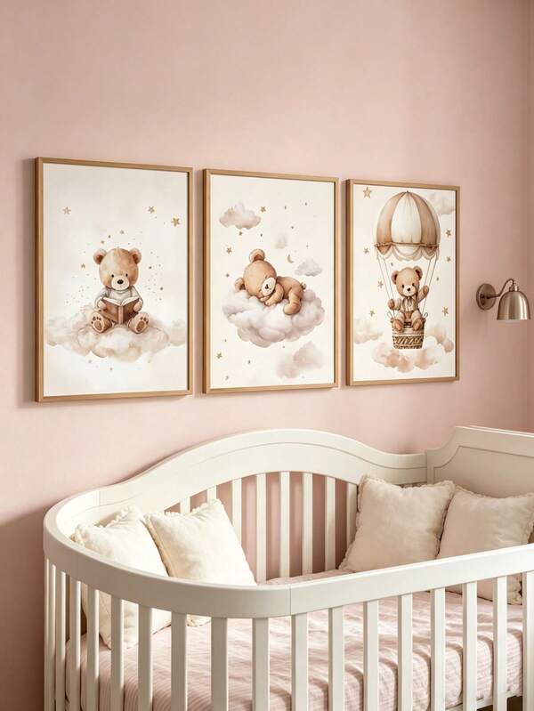 3pcs Canvas Wall Art Prints, Frameless Waterproof Posters, Bear Hot Air Balloon Cloud Pattern, Home Decor, Suitable For Baby Nursery Children Boys Girls Bedroom, Perfect Gift