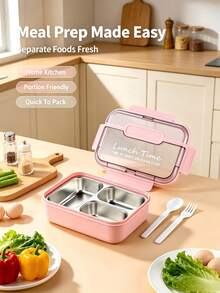 1pc 720ml Adult Lunch Box With Utensils And Leak-Proof Lid, 3-Compartment Divided Lunch Box, 1pc Durable 304 Stainless Steel Leak-Proof Lunch Box With Stainless Steel Utensils, Easy To Clean, 1pc Insulated Food Container, Vacuum Lunch Box - Multicolor - View 2
