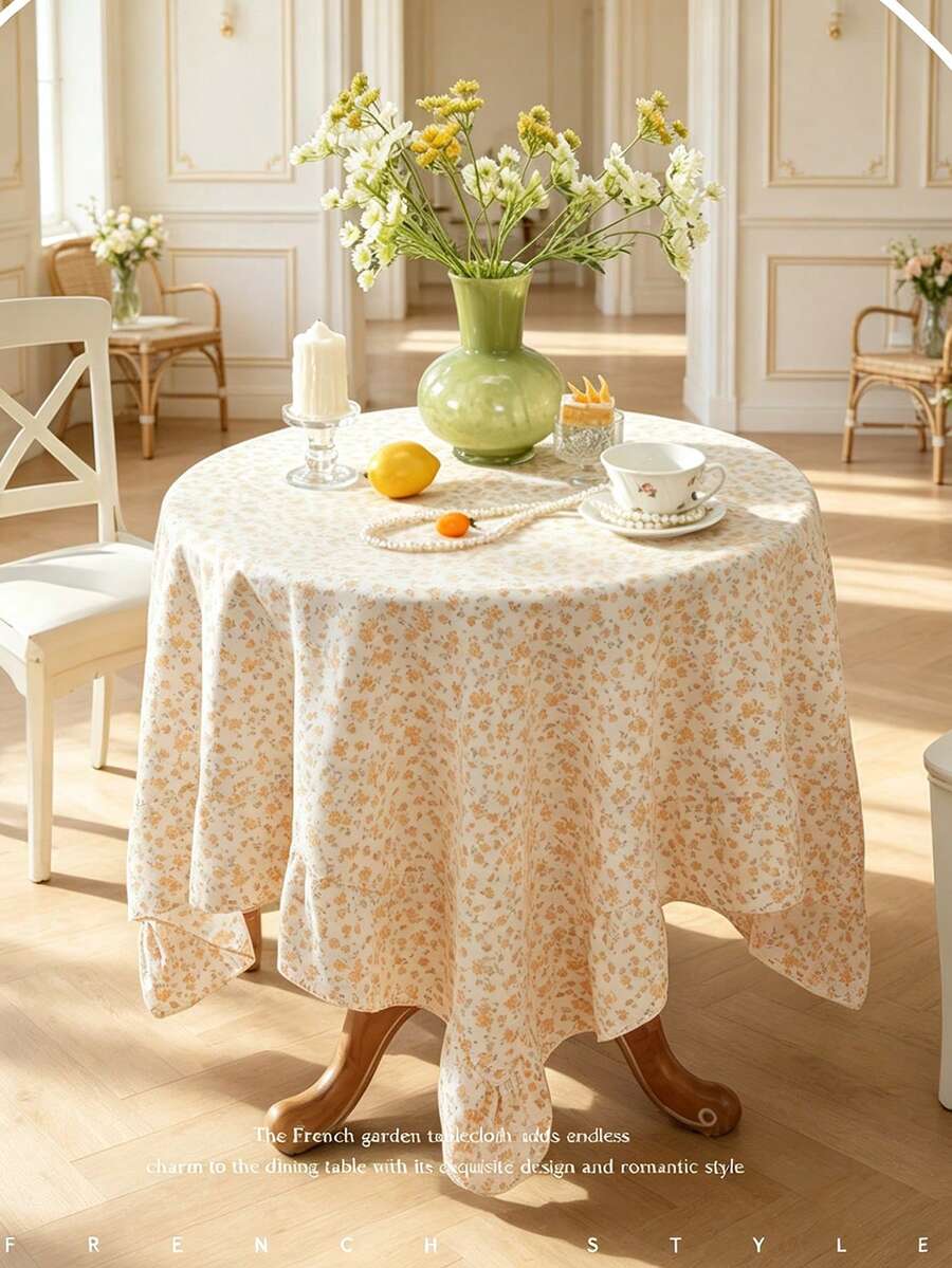 1pc Tablecloth With Scalloped Lace Trim, Polyester Fabric, Pale Yellow Floral Pattern, Rectangular/Square Tablecloth, Suitable For Dining Room And Living Room Tabletop Decoration