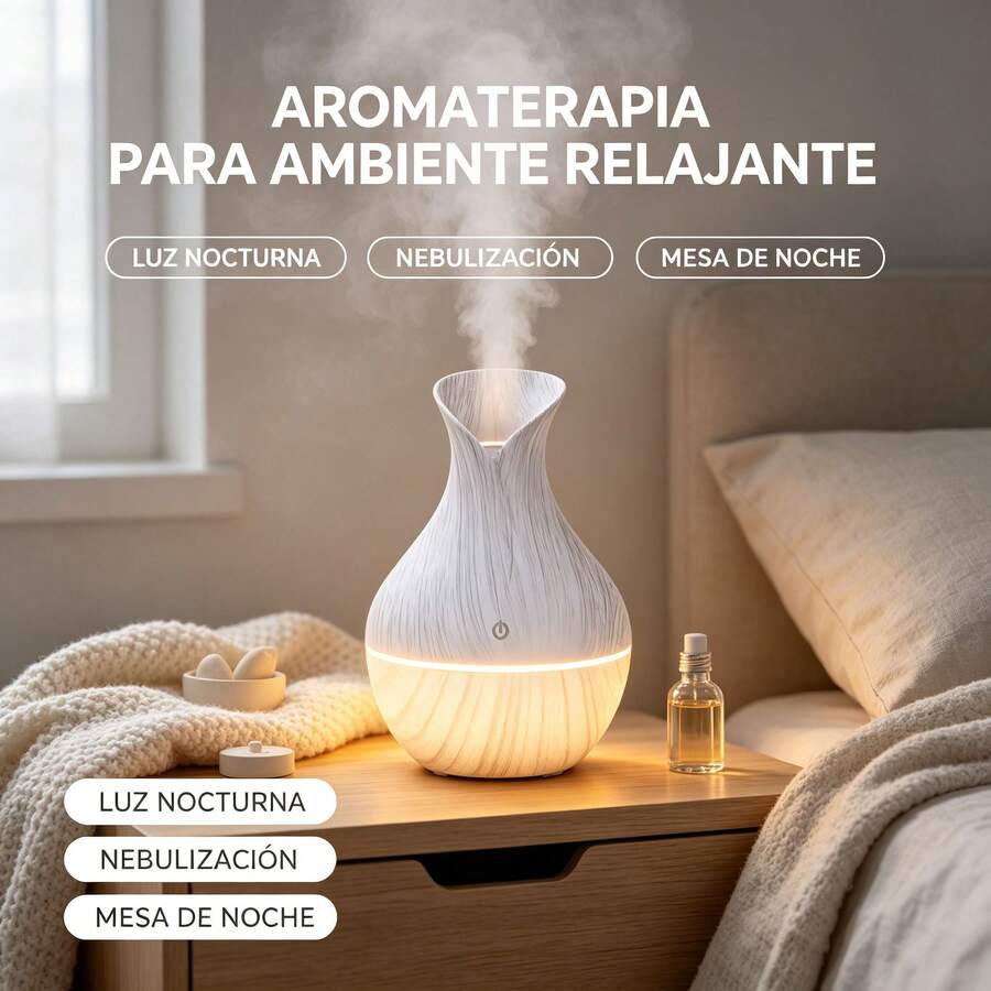 Humidificador Difusor de Aromas Diseño de Jarrón con Textura de Madera, Funcionamiento Ultra Silencioso con Luz Ambiental LED, Alivia Aire Seco, Decoración Elegante para Dormitorio, Sala y Oficina, Ideal para Regalo del Hogar - 1 - Ver 1