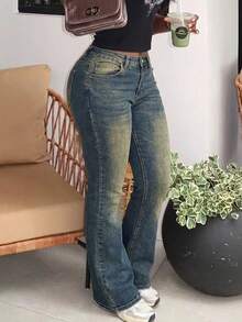 Jeans acampanados ajustados vintage desgastados para mujer, casual, primavera y otoño - Azul Marino - Ver 1