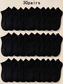 30 Pairs Solid Color Classic Casual Sports Socks, Comfortable And Breathable, Suitable For Daily Wear And Back To School Season - Black - View 1