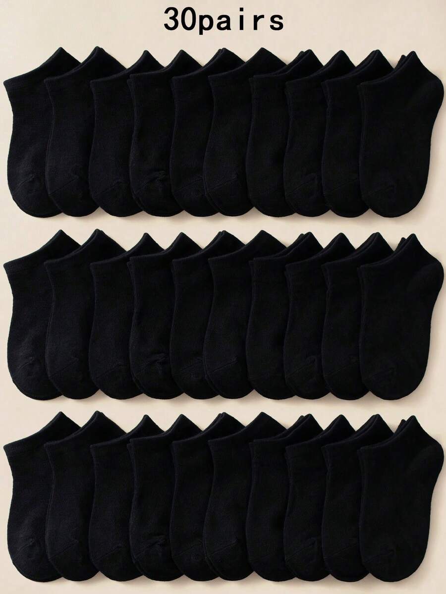 30 Pairs Solid Color Classic Casual Sports Socks, Comfortable And Breathable, Suitable For Daily Wear And Back To School Season - Black - View 1
