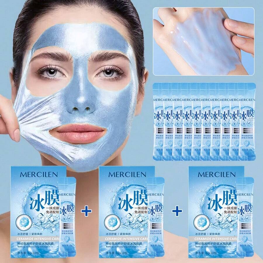 MERCILEN Ceramide Intensive Hydrating Cooling Soft Mask, With Centella Asiatica And Hyaluronic Acid For Deep Cleansing, Moisturizing And Firming Skin, Making Skin Look Younger, Suitable For All Skin Types, Portable Travel Size